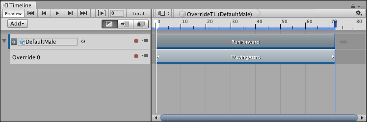The Animation Override track contains an Animation clip of a humanoid standing still, waving their arms (WavingArms). This clip was resized to match the Animation clip (RunForward) of the parent Animation track.