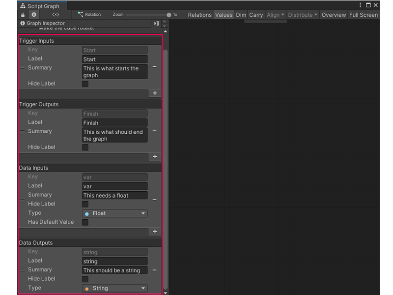 An image of the Graph Inspector, that displays the options for how to add ports to an open Script Graph.