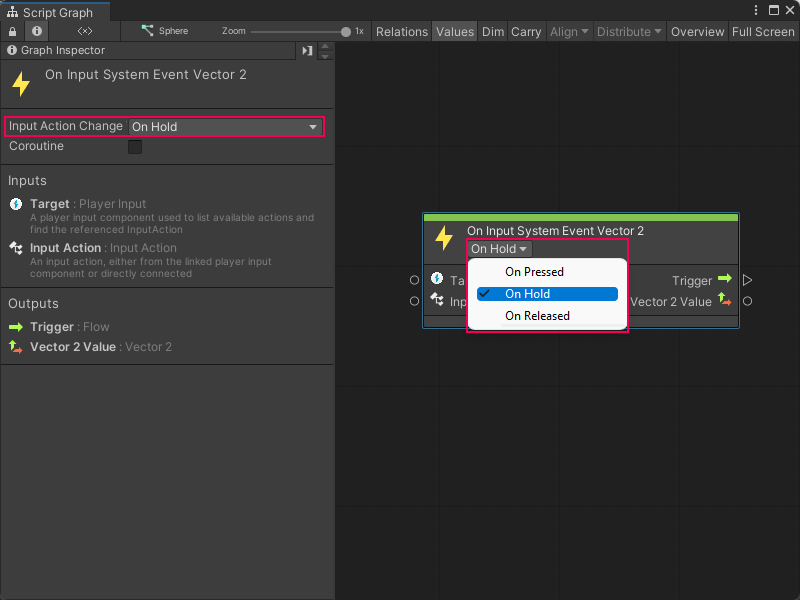 An image of the Graph window, that displays an On Input System Event Vector 2 node. The Input Action Change Type control is open and being set to On Hold.