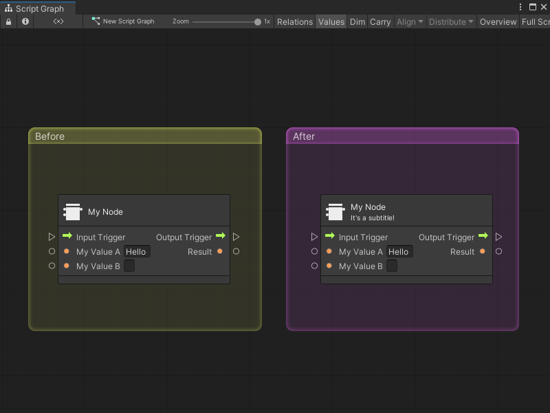 An image of the Graph window. The opened Script Graph has two groups that each contain a single Custom C# node: a yellow Before group and a purple After group. In the Before group, the Custom C# node doesn't have a subtitle. In the After group, the Custom C# node has a subtitle of "It's a subtitle!" that displays underneath the node title.