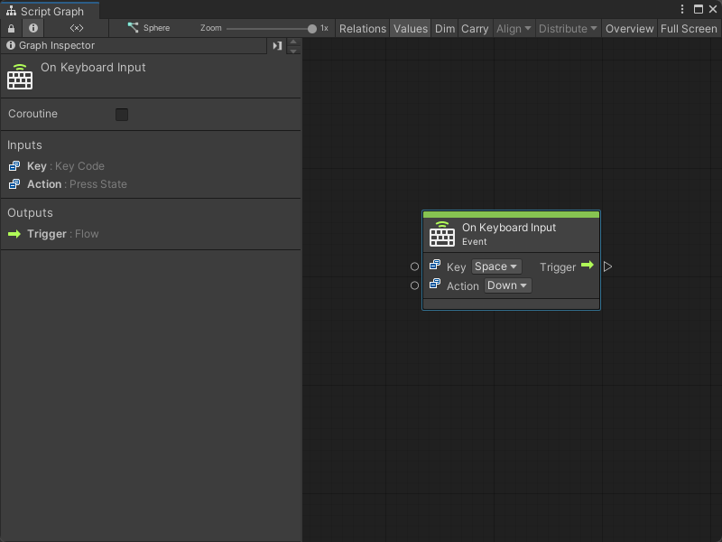 An image of the Graph window. An On Keyboard Input node displays with its details in the Graph Inspector.