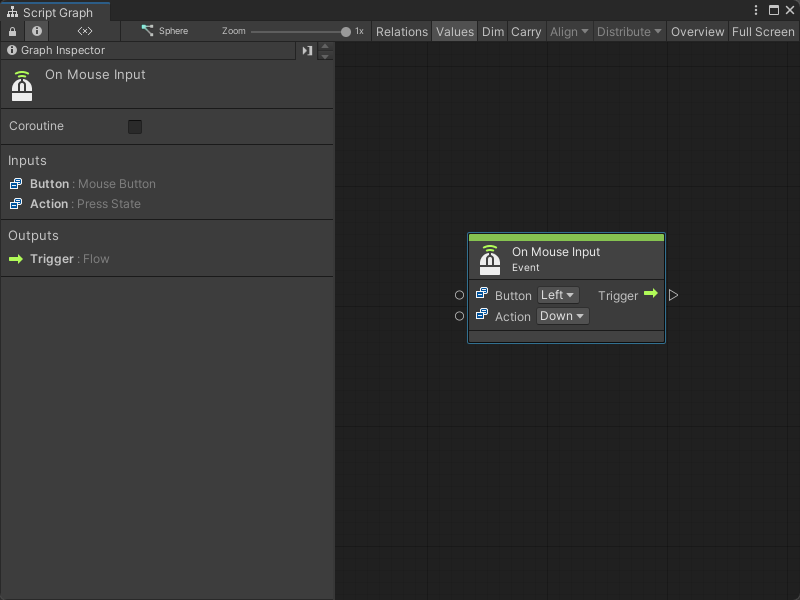 An image of the Graph window. An On Mouse Input node displays with its details in the Graph Inspector.