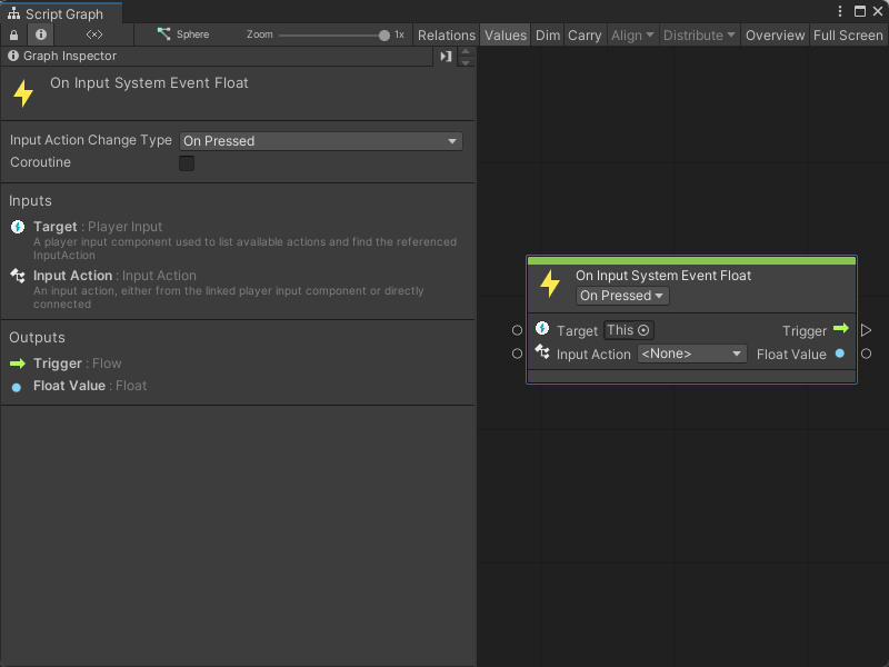 An image of the Graph window. An On Input System Event Float node displays with its details in the Graph Inspector.