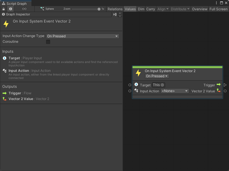 An image of the Graph window. An On Input System Event Vector 2 node displays with its details in the Graph Inspector.