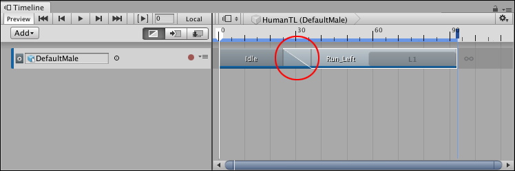 With Mix mode selected, you can create a blend (red circle) between two clips to create a smooth transition between two animations.