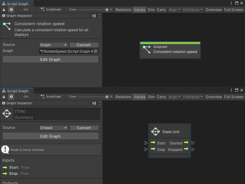 An image of two Graph windows. The first Graph window has a Subgraph node, with its details open in the Graph Inspector. The node links to an external graph file. The second Graph window has a State Unit node with no details provided and the node uses an embedded graph.