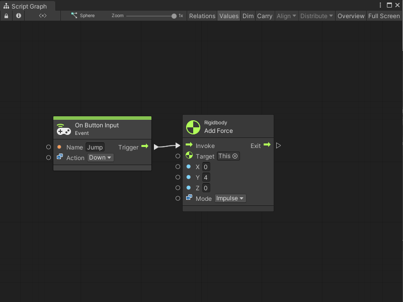 An image of the Graph window. An On Button Input node uses an inline value of Jump for its Name input port. Its Action Input port is set to Down. Its Trigger output port connects to the Invoke input port on a Rigidbody Add Force node. The Rigidbody Add Force node uses an inline value of This for its Target, an inline value of 4 for its Y, and has its Mode set to Impulse.