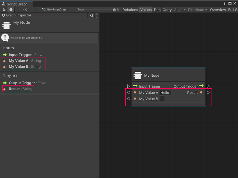 An image of the Graph window. The Graph Inspector displays with information about all of the ports on the Custom C# node, My Node. The node has been added to the Script Graph and now has an Input Trigger port, an Output Trigger port, two data input ports, and a data output port. The data ports have been assigned the string data type. 