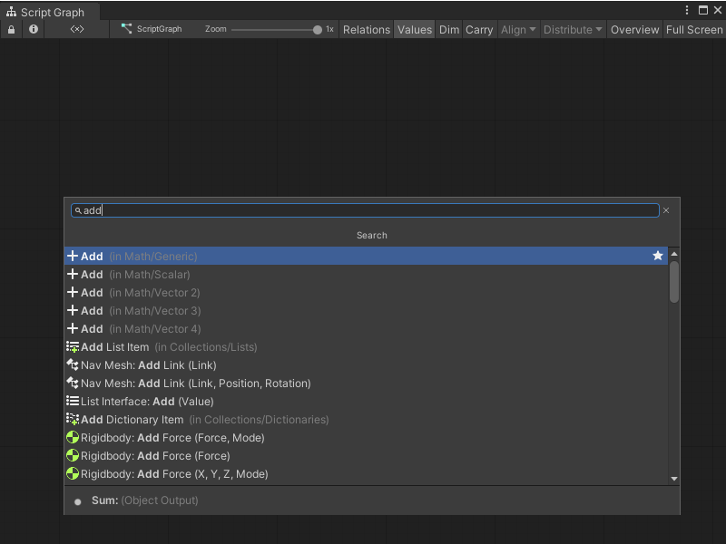 A screenshot of the Visual Scripting fuzzy finder that displays a search for an Add node. The fuzzy finder displays five results for the Math Add node: Math/Generic, Math/Scalar, Math/Vector 2, Math/Vector 3, and Math/Vector 4.