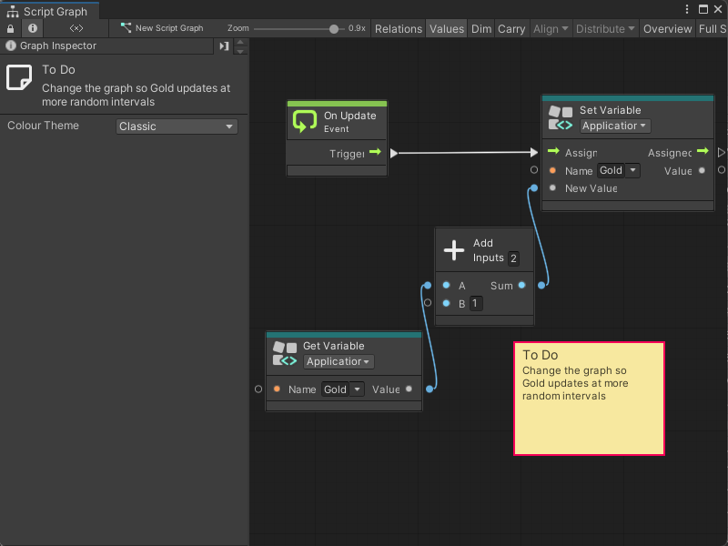 An image of the Graph window. The Graph Inspector is open. An On Update node triggers a Set Variable node, which sets the value of an Application variable named Gold. The value of Gold is set by an Add Inputs node, which takes the current value of Gold from a Get Variable node and adds 1. A Sticky Note has been added to the graph, and states that "To Do: Change the graph so Gold updates at more random intervals."